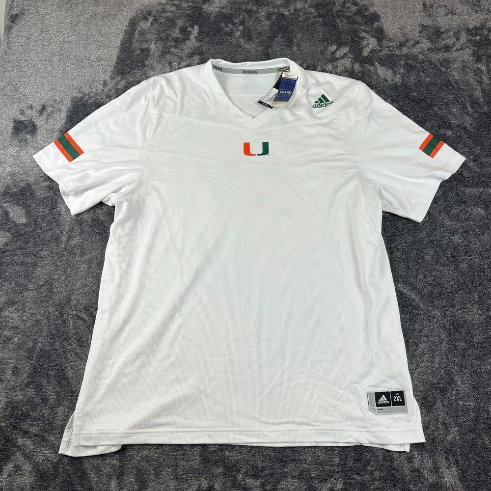 Adidas Miami Hurricanes NCAA Jersey White V-Neck Short Sleeve Men's 2XL NWT